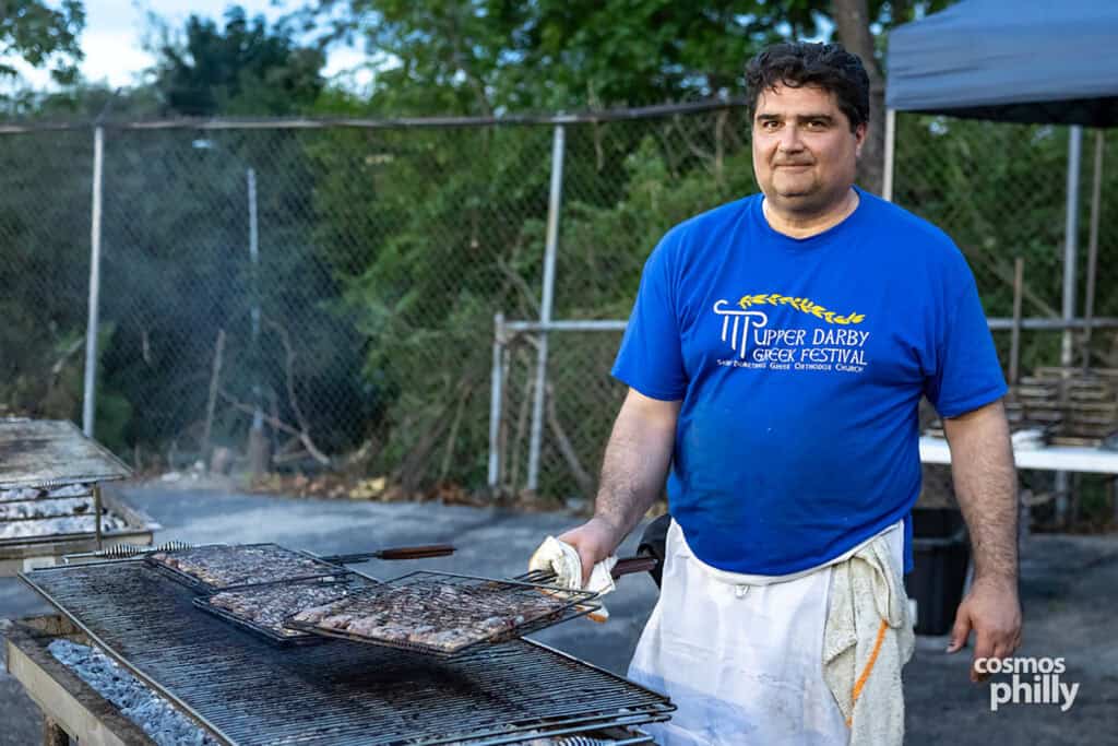 Scenes from the St. Demetrios Greek Wine and Food Festival in Upper Darby, with guests, food, dancing, volunteers, and activity under the festival tent.