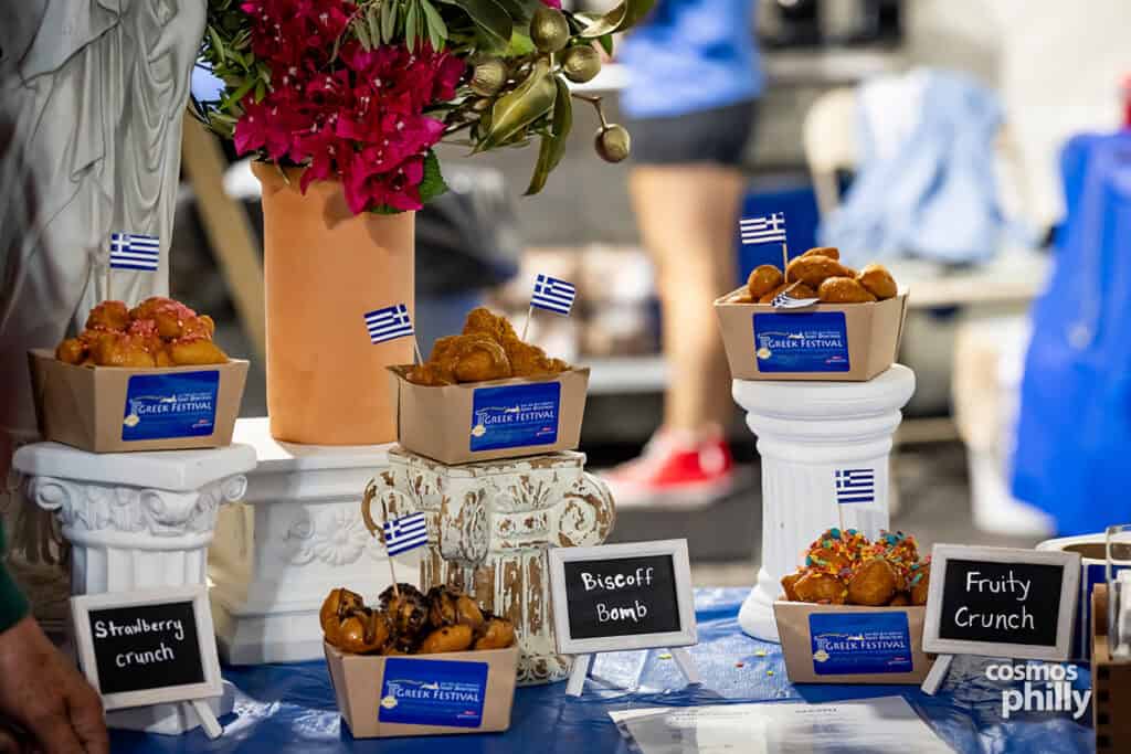 Scenes from the St. Demetrios Greek Wine and Food Festival in Upper Darby, with guests, food, dancing, volunteers, and activity under the festival tent.
