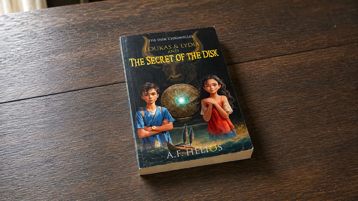 Paperback copy of Loukas & Lydia and the Secret of the Disk by A.F. Helios on a dark wooden table.