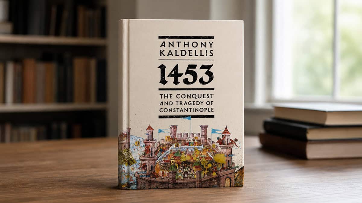 A copy of Anthony Kaldellis’ book 1453: The Conquest and Tragedy of Constantinople standing on a wooden table in a quiet study setting.
