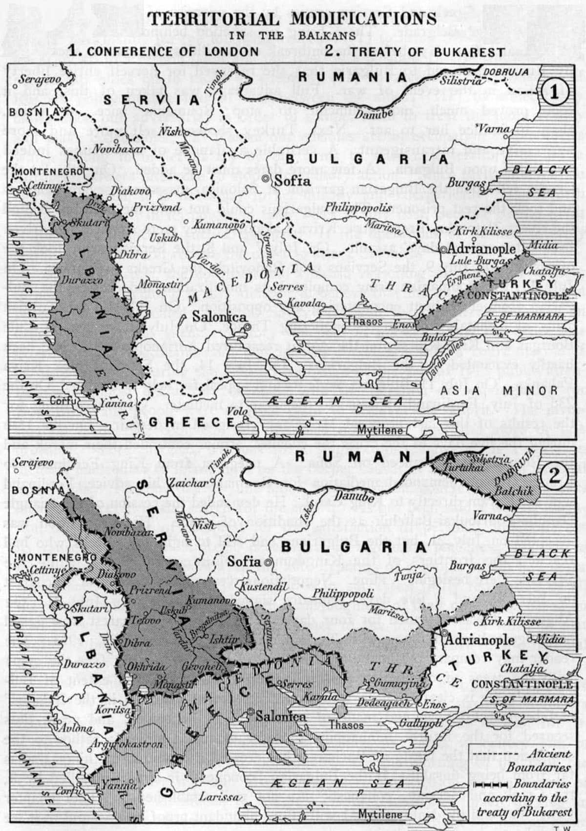 Map showing territorial changes in the Balkans after the Conference of London and the Treaty of Bucharest in 1913.