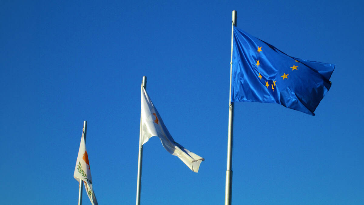 Cyprus and European Union flags flying in Nicosia