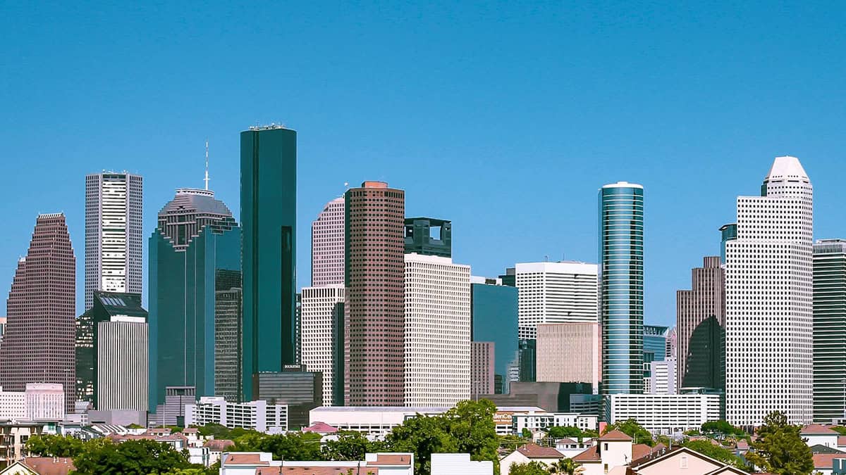 Downtown Houston skyline representing the new Eastern Mediterranean Energy Center at Rice University.