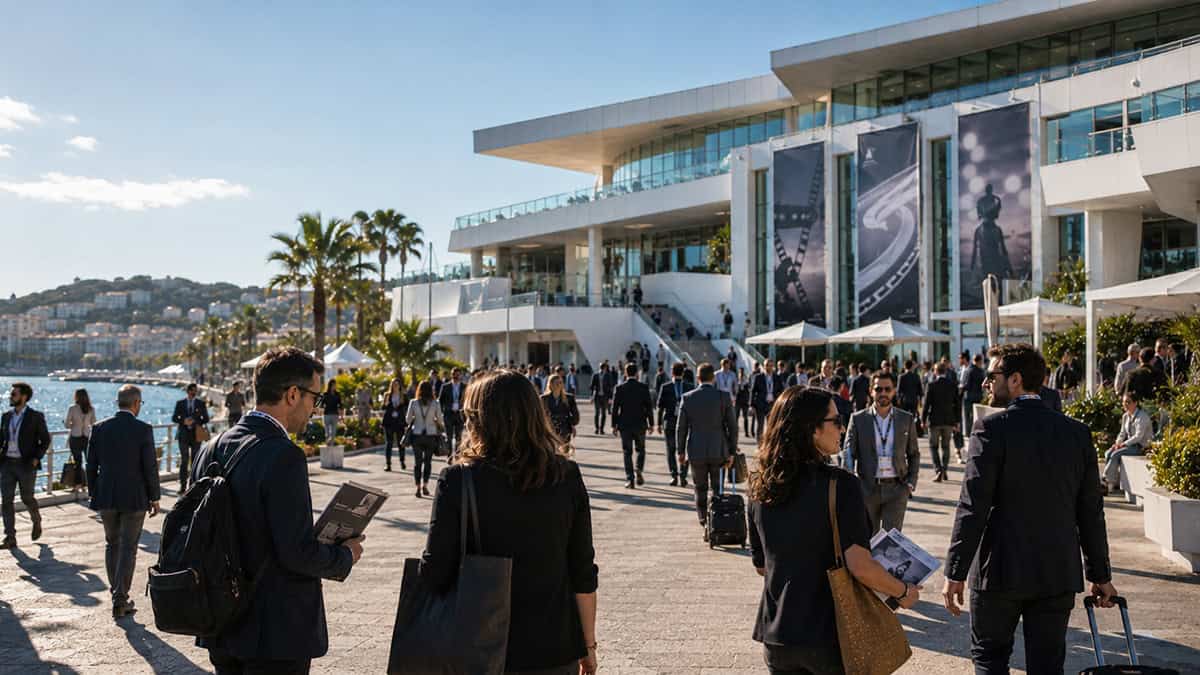 Film industry professionals gather outside a waterfront film market venue during Cannes