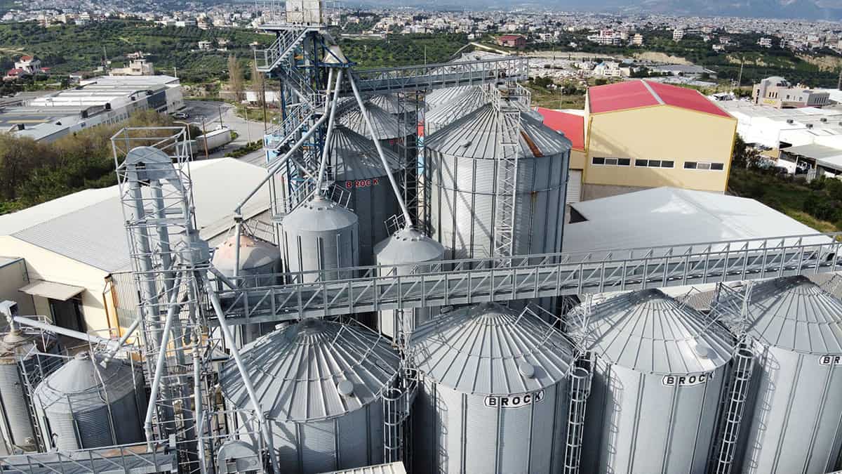 Industrial area and feedmill buildings in Heraklion, Greece, representing the country’s manufacturing and production economy.