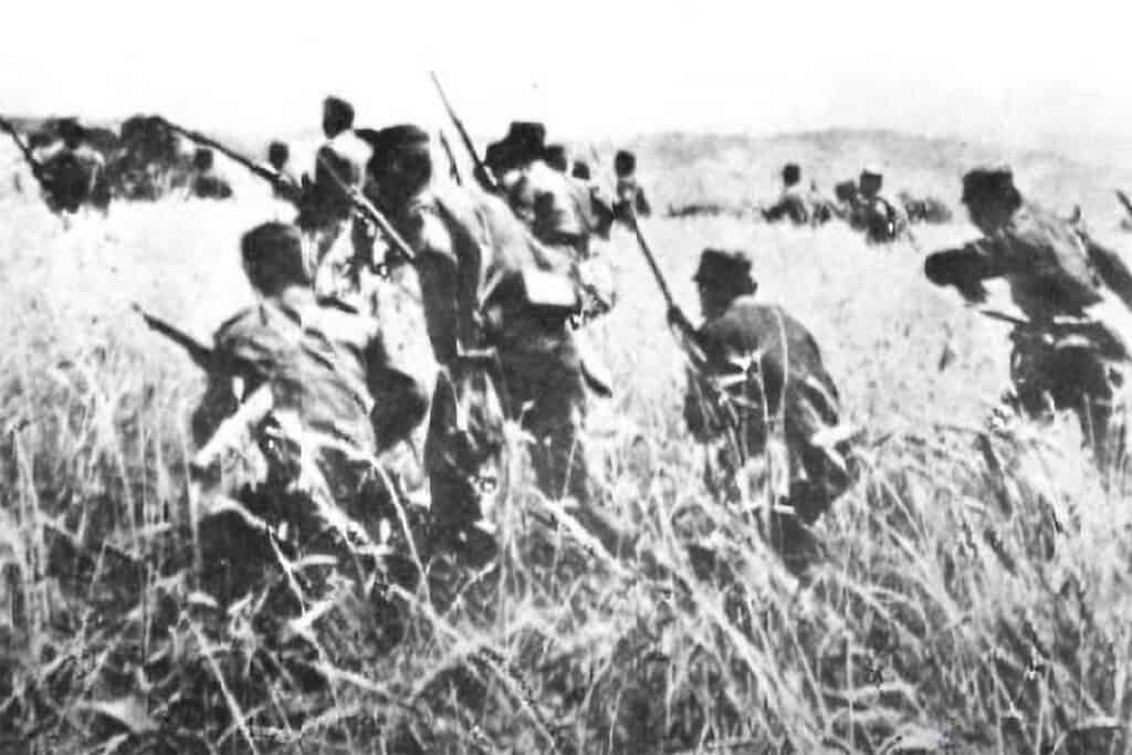 Greek soldiers during the Battle of Kilkis-Lachanas in 1913.