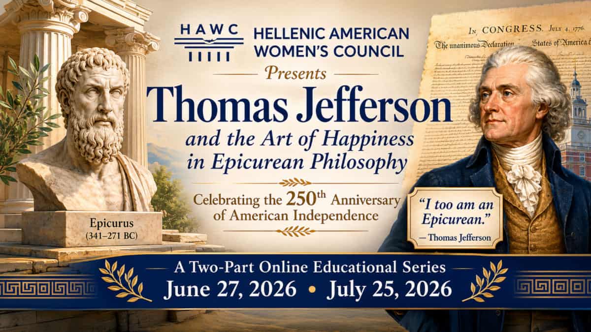 Graphic for HAWC’s online series on Thomas Jefferson, Epicurean philosophy, and America’s 250th anniversary.