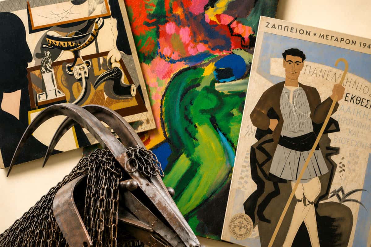 Collage of modern Greek artworks with paintings and metal sculpture for HAWC online art series