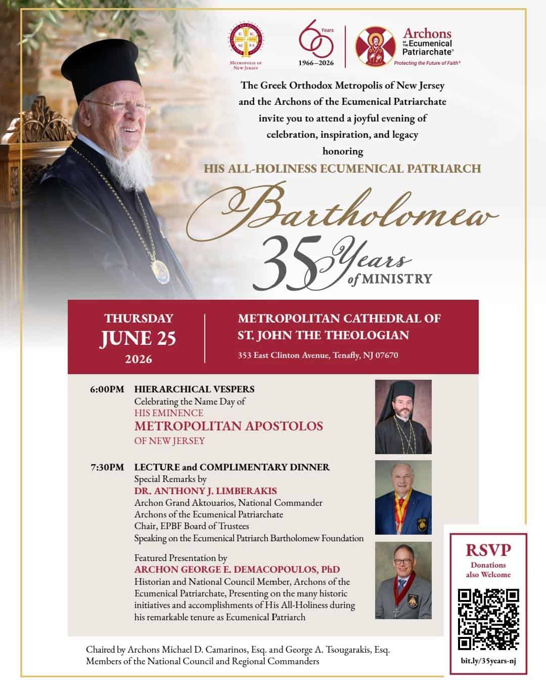 Flyer for the Greek Orthodox Metropolis of New Jersey’s June 25, 2026, Hierarchical Vespers and lecture honoring Patriarch Bartholomew’s 35 years of ministry.
