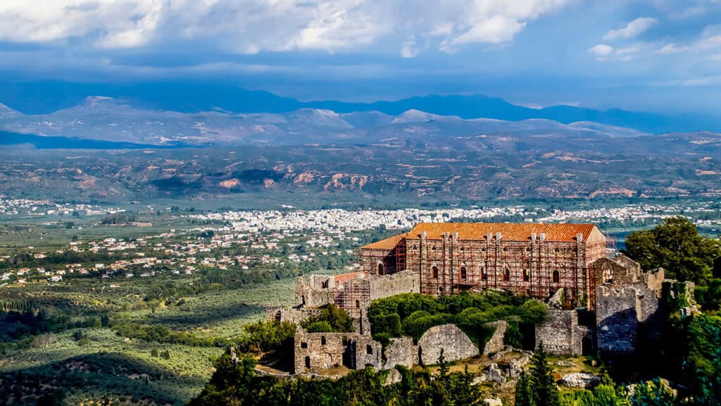 The Palace of the Despots in Mystras overlooking the Laconian landscape during restoration work