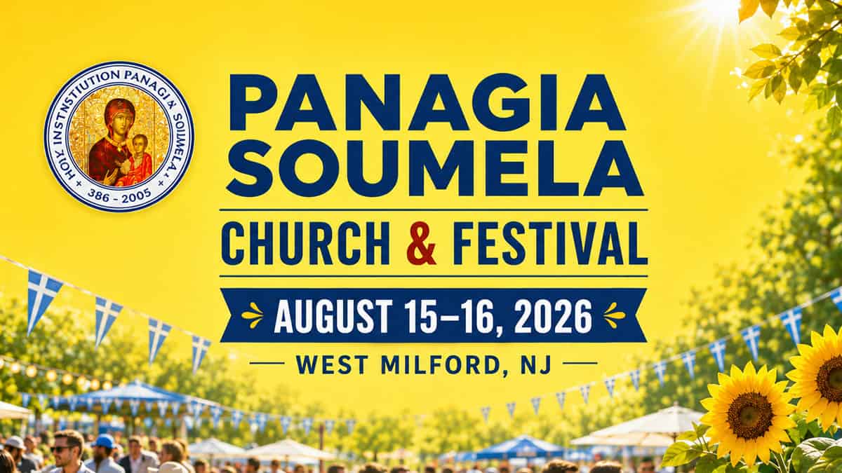 Graphic for Panagia Soumela’s August Church and Paniyiri, August 15-16, 2026, in West Milford, New Jersey.
