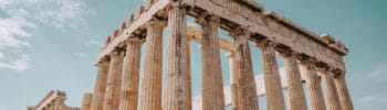 View of the Parthenon on the Acropolis in Athens, showing its columns and pediment