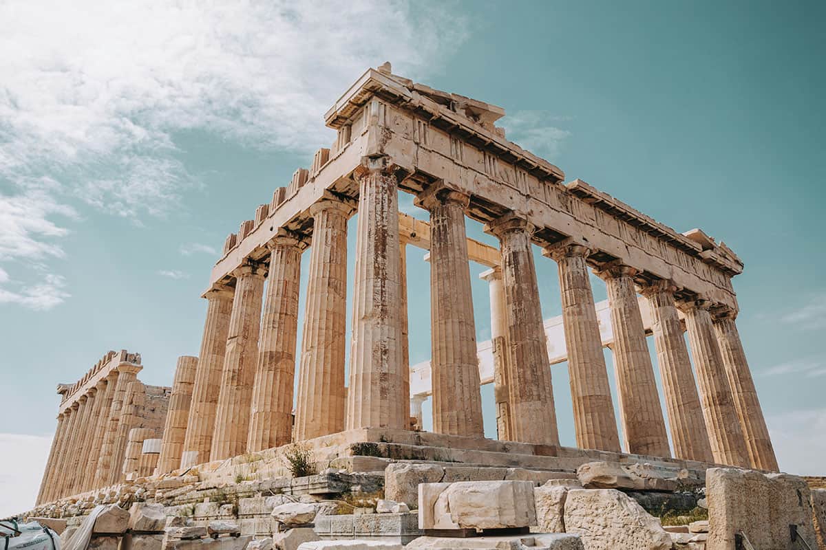 View of the Parthenon on the Acropolis in Athens, showing its columns and pediment