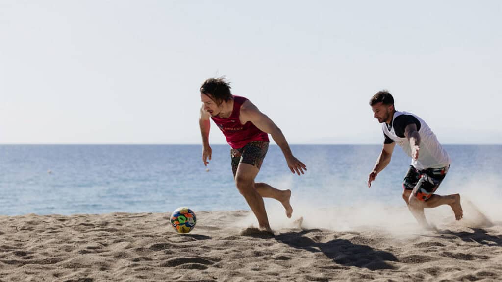 Participants play beach soccer during Porto Carras Athlos in Halkidiki.