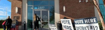 Vote Here signs outside a polling location in Voorhees Township, New Jersey.