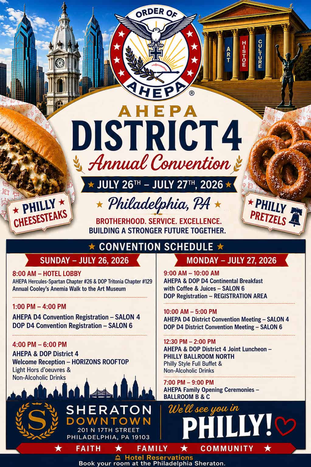 Flyer for AHEPA’s 104th Annual Supreme Convention in Philadelphia, July 26-31, 2026.