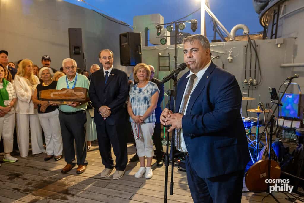 AHEPA members and guests aboard the Battleship New Jersey during the Bouzoukia on the Battleship event in Camden on July 30, 2026.