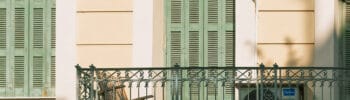 Apartment balconies on a residential building in Athens, Greece.