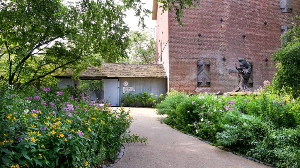 Exterior and garden entrance of the Brandywine Museum of Art in Chadds Ford, Pennsylvania.