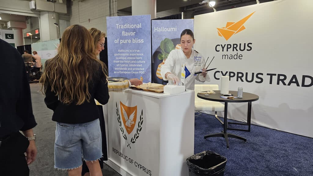 Visitor at the Cyprus Trade booth during the Summer Fancy Food Show 2026 in New York.