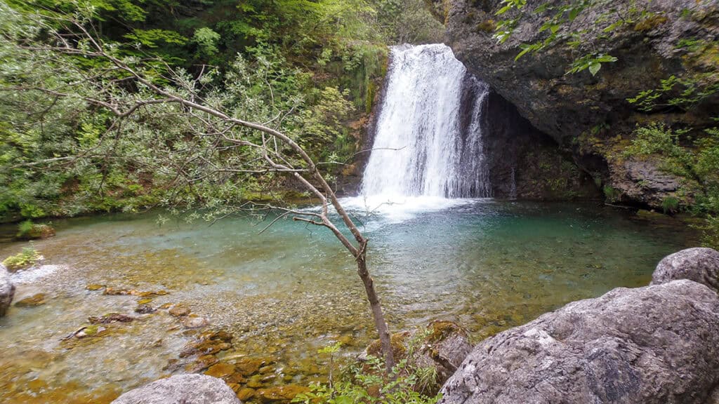 A waterfall flowing into a clear pool in the forested Enipeas Gorge on Mount Olympus.