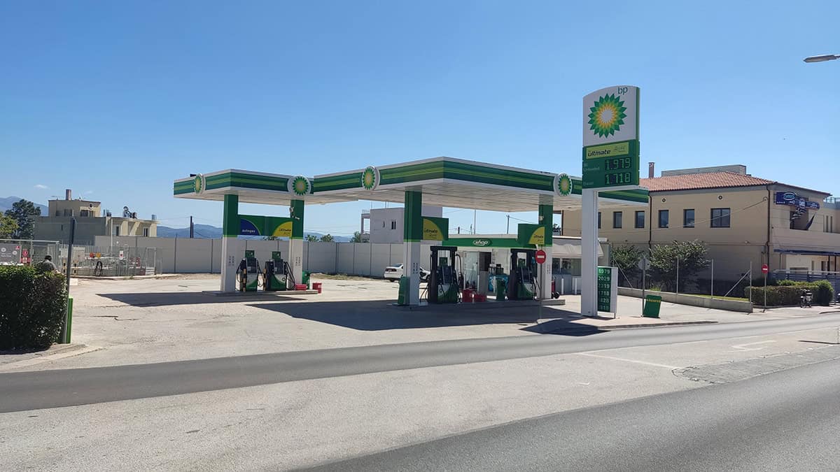 A BP filling station beside a road in Argos, Greece.