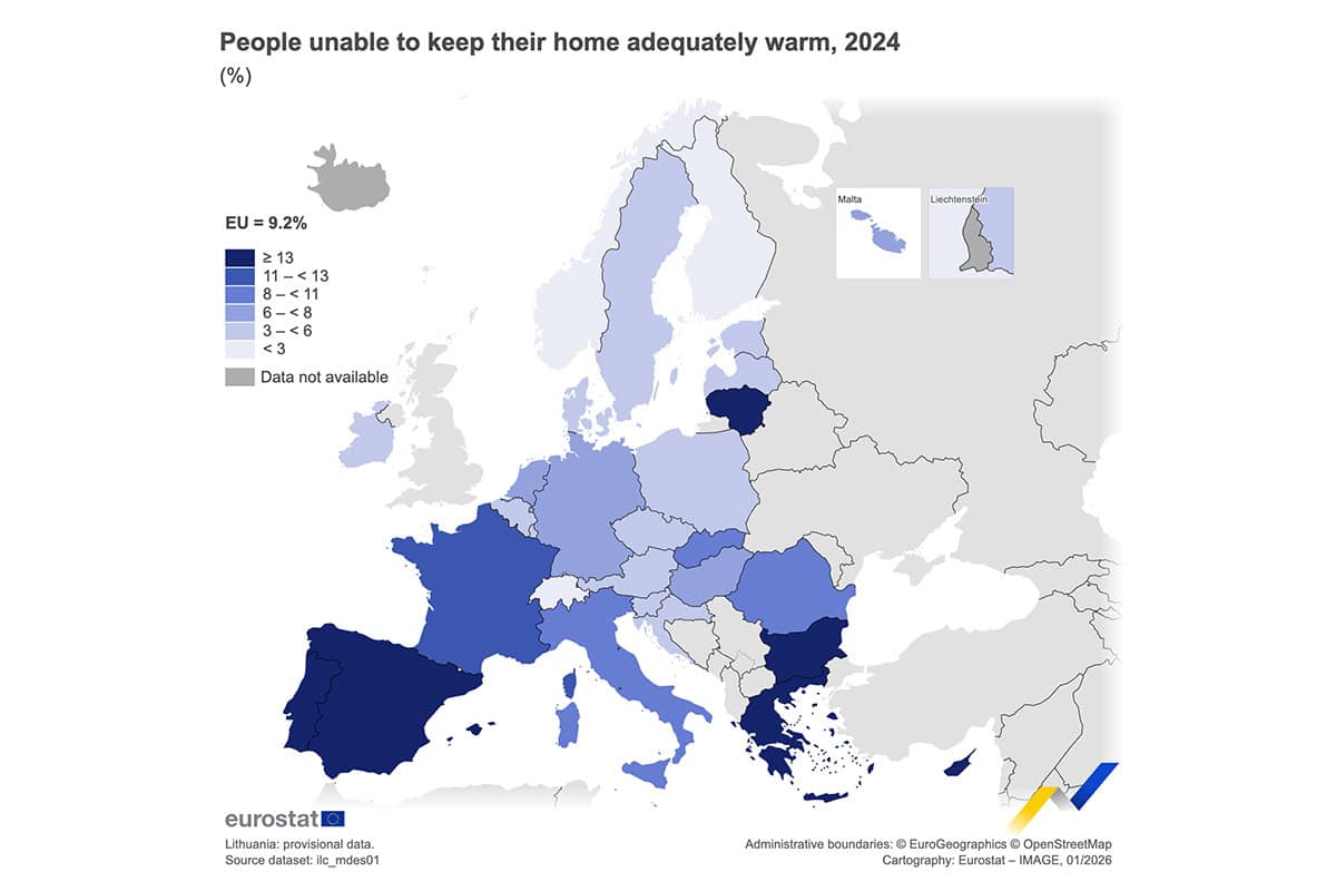 Map of Europe showing the share of people unable to keep their homes adequately warm in 2024, with Greece and Bulgaria in the highest category.