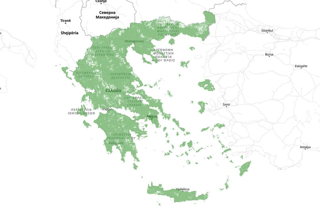 Map of Greece showing mobile network coverage across the mainland and islands.