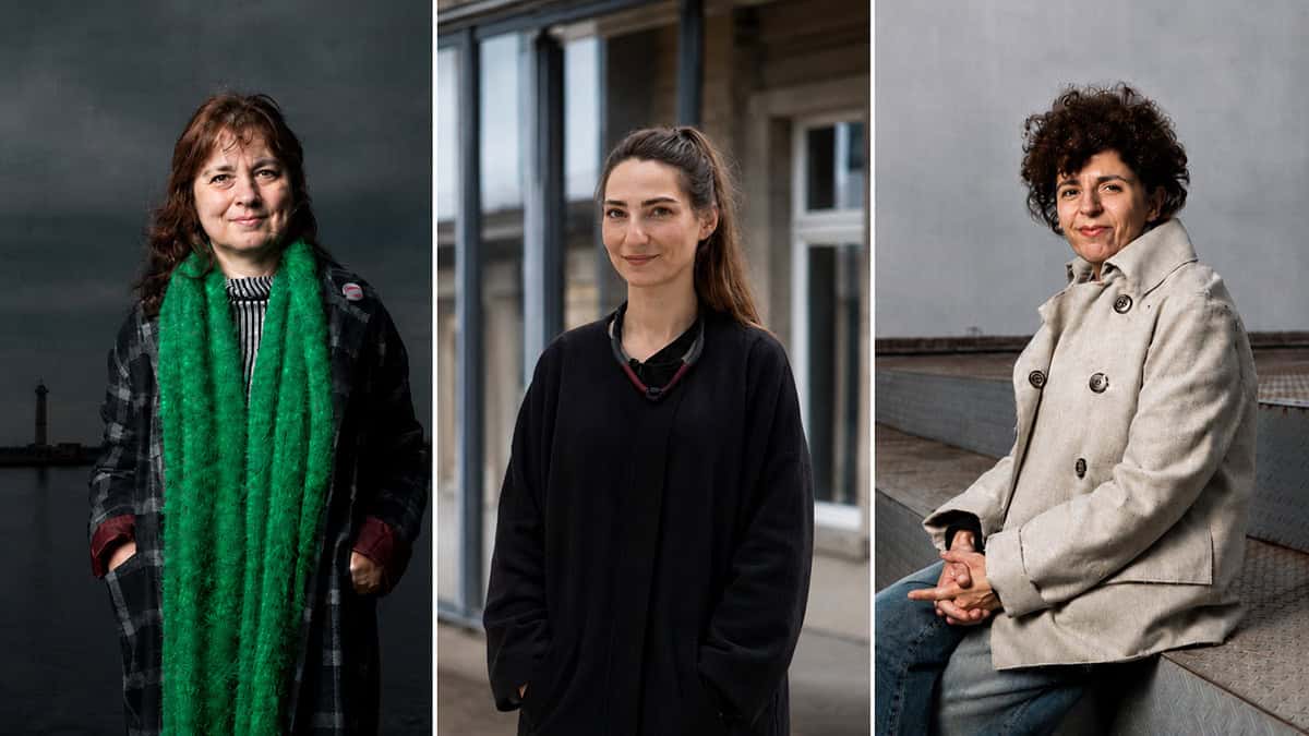 Three-panel portrait composite of filmmakers Elina Psykou, Iris Baglanea and Yianna Americanou.