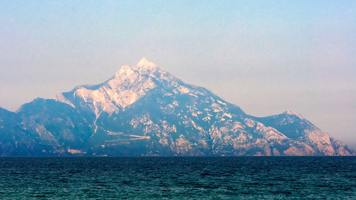 Mount Athos seen in the distance from Sithonia in northern Greece