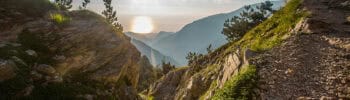 Rocky slopes and pine trees on Mount Olympus overlooking distant ridges and the sea in bright sunlight.