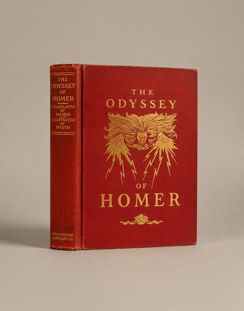 Photo illustration of the red 1929 edition of The Odyssey of Homer, illustrated by N.C. Wyeth.