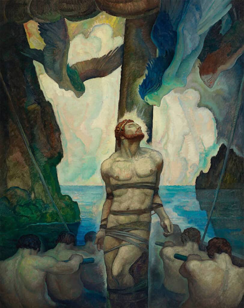 N.C. Wyeth’s The Sirens, showing Odysseus bound to the mast as the Sirens circle above his ship.
