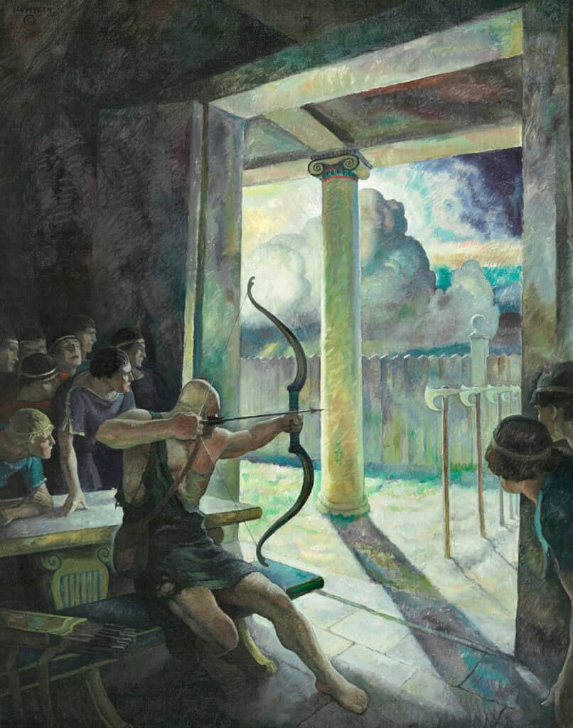 N.C. Wyeth’s The Trial of the Bow, showing Odysseus drawing his bow before Penelope’s suitors.