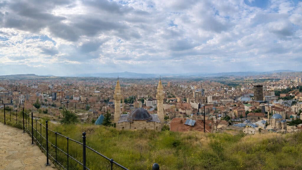 Panoramic view of the modern city of Nevşehir from Nevşehir Castle in Cappadocia.
