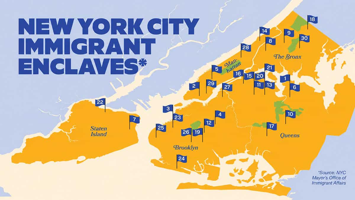 New York City map marking 30 immigrant enclaves across the five boroughs.