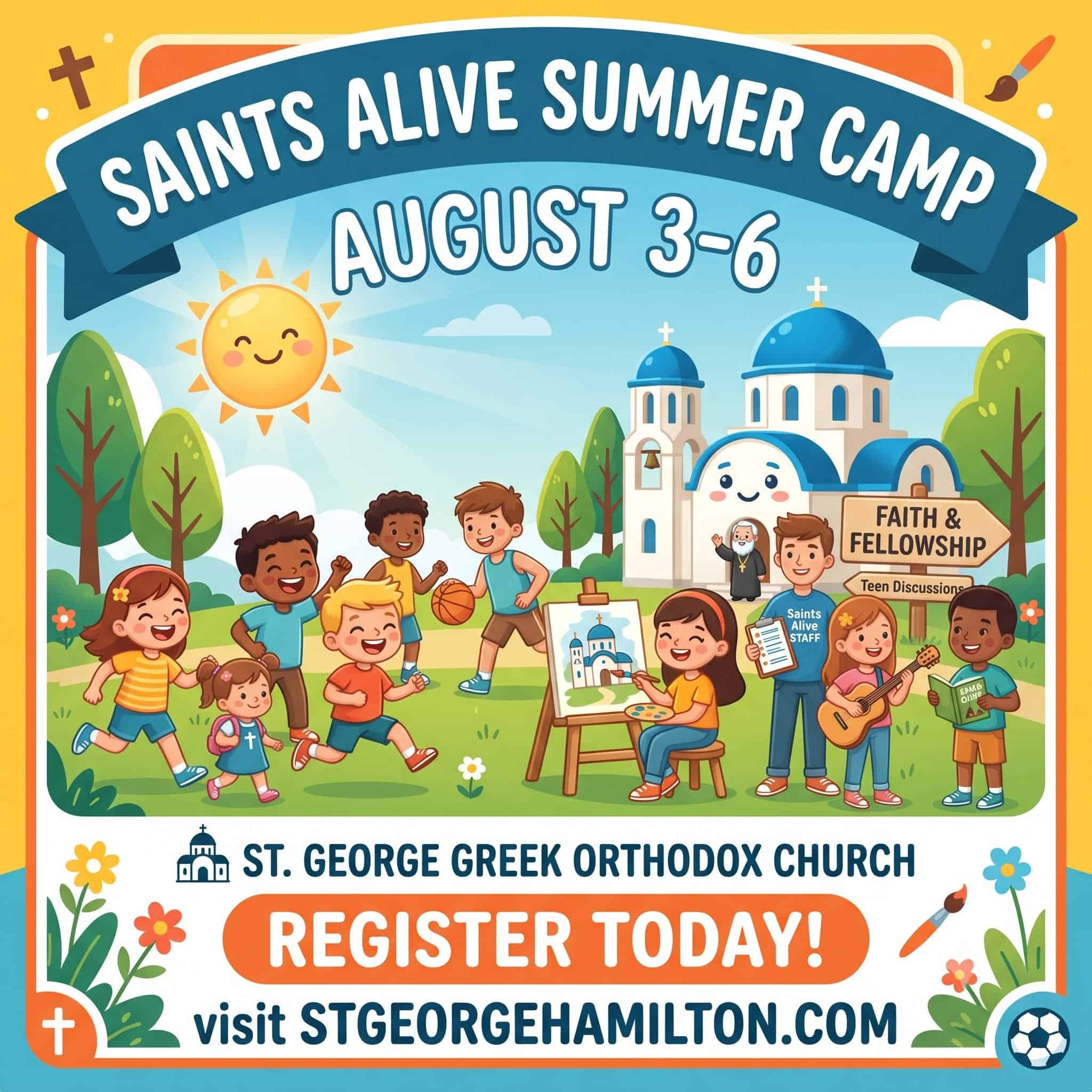Flyer for Saints Alive Summer Camp at St. George Greek Orthodox Church, August 3 to 6, 2026.