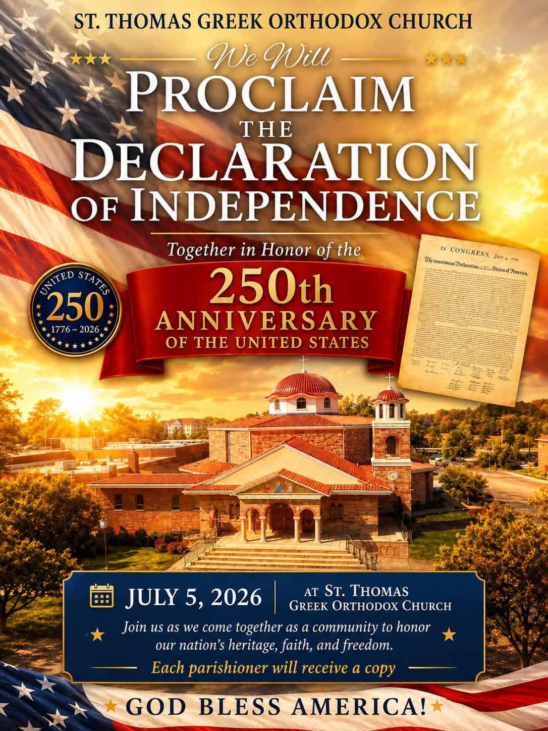 Flyer for St. Thomas Greek Orthodox Church’s public reading of the Declaration of Independence on July 5, 2026, in Cherry Hill, New Jersey.