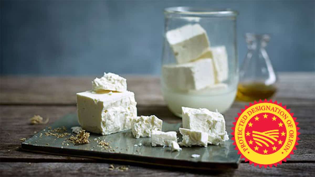 Greek feta cheese with the European Union Protected Designation of Origin seal