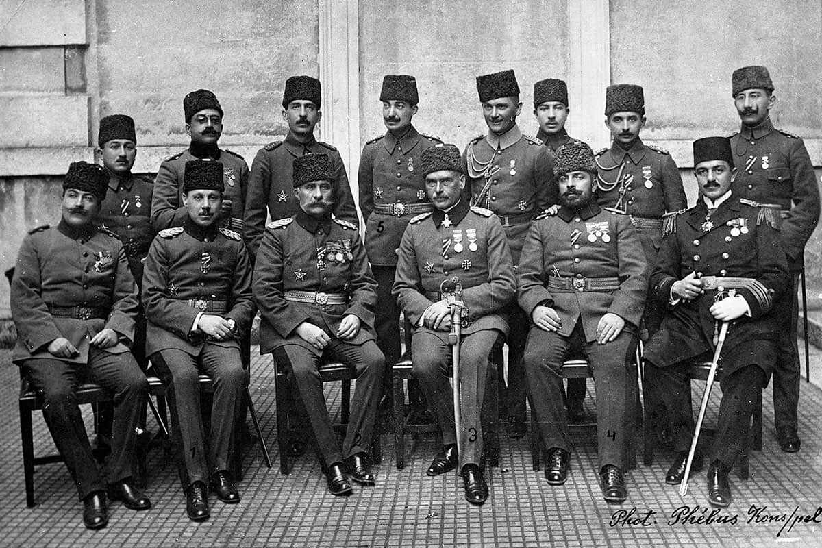 Otto Liman von Sanders seated with Ottoman officers during World War I