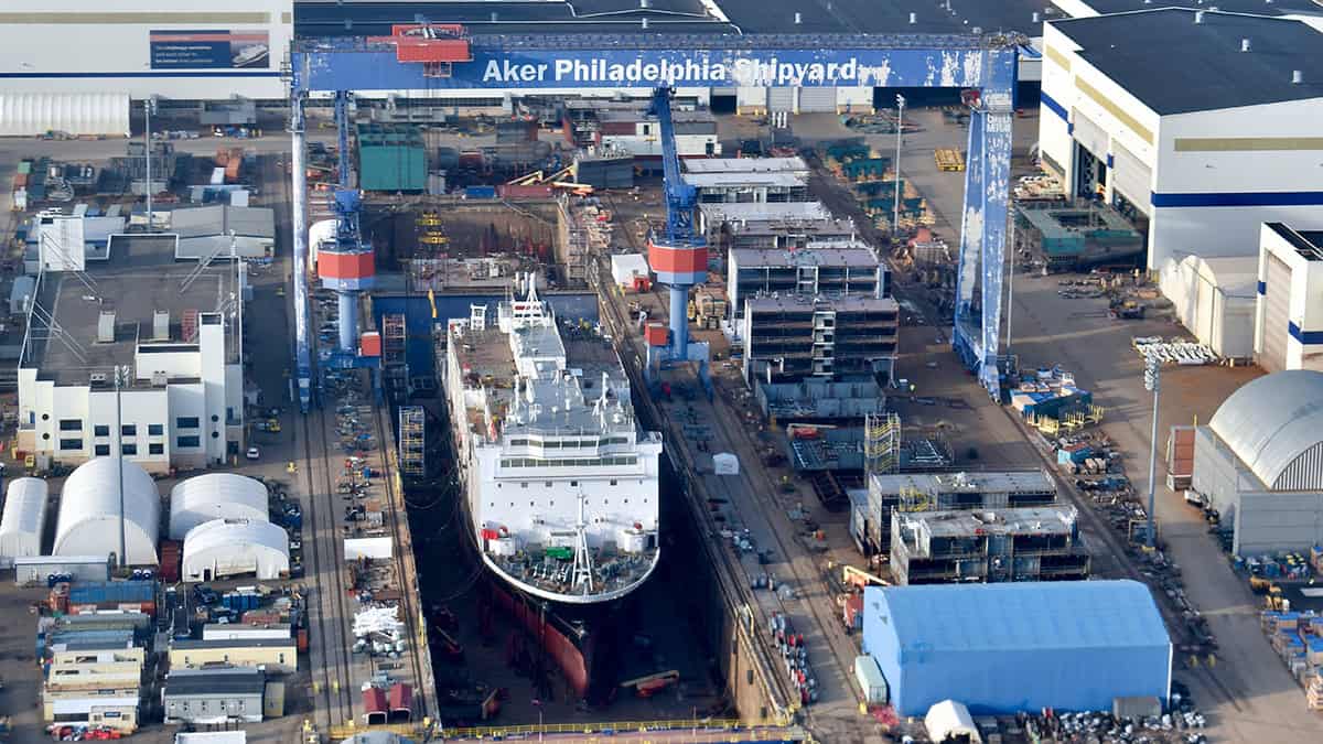 Aerial view of Philly Shipyard in South Philadelphia with a National Security Multi-Mission Vessel under construction.