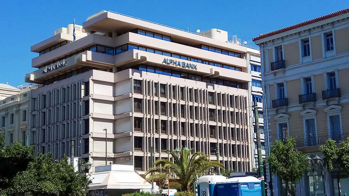 Alpha Bank offices near Panepistimiou Street in central Athens, Greece
