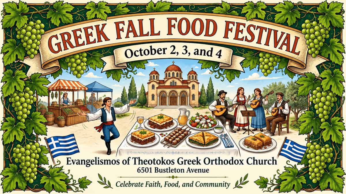 Illustrated Greek Fall Food Festival poster for Evangelismos of Theotokos Greek Orthodox Church, October 2–4, 2026.