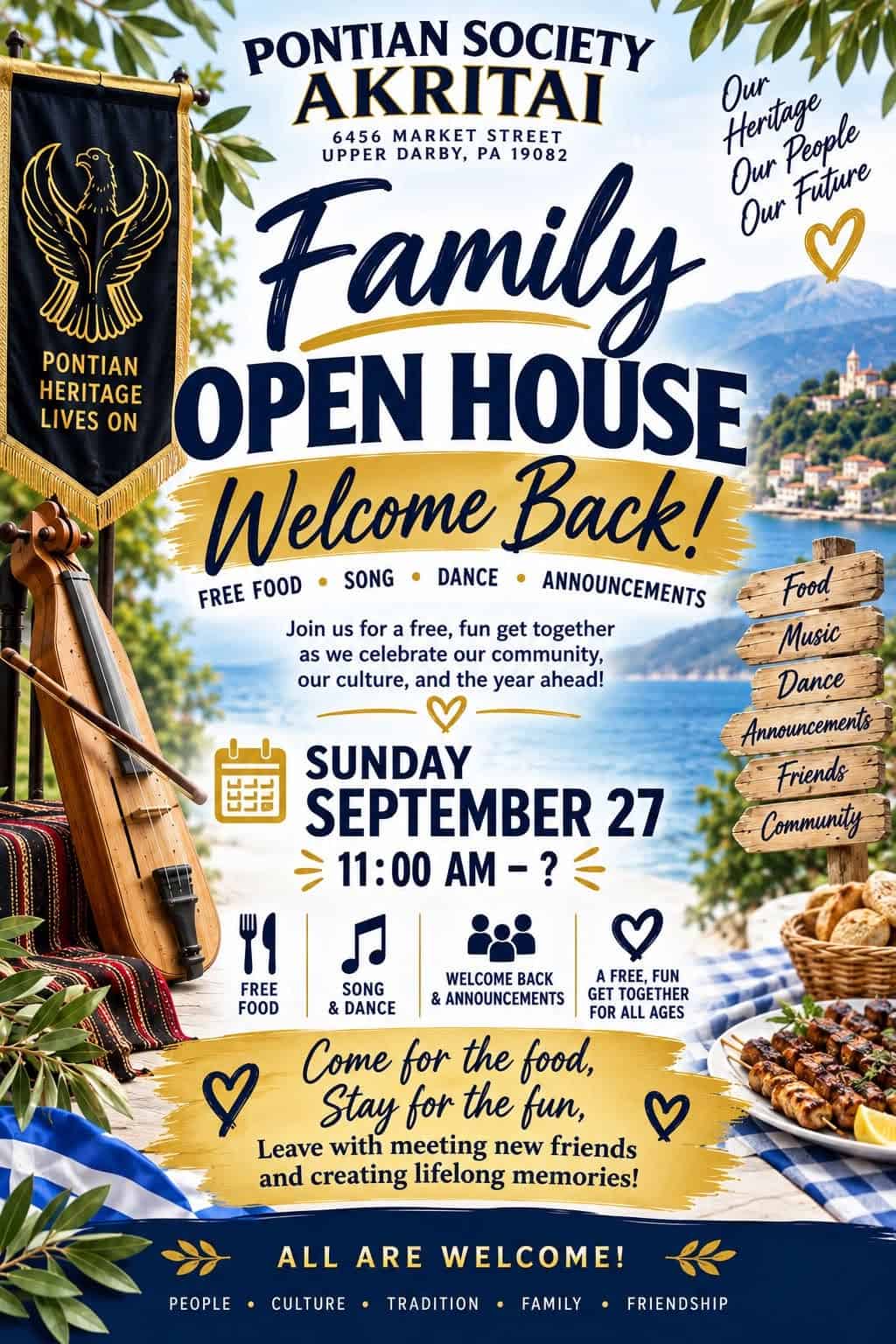 Flyer for the Pontian Society Akritai Family Open House in Upper Darby on September 27, 2026
