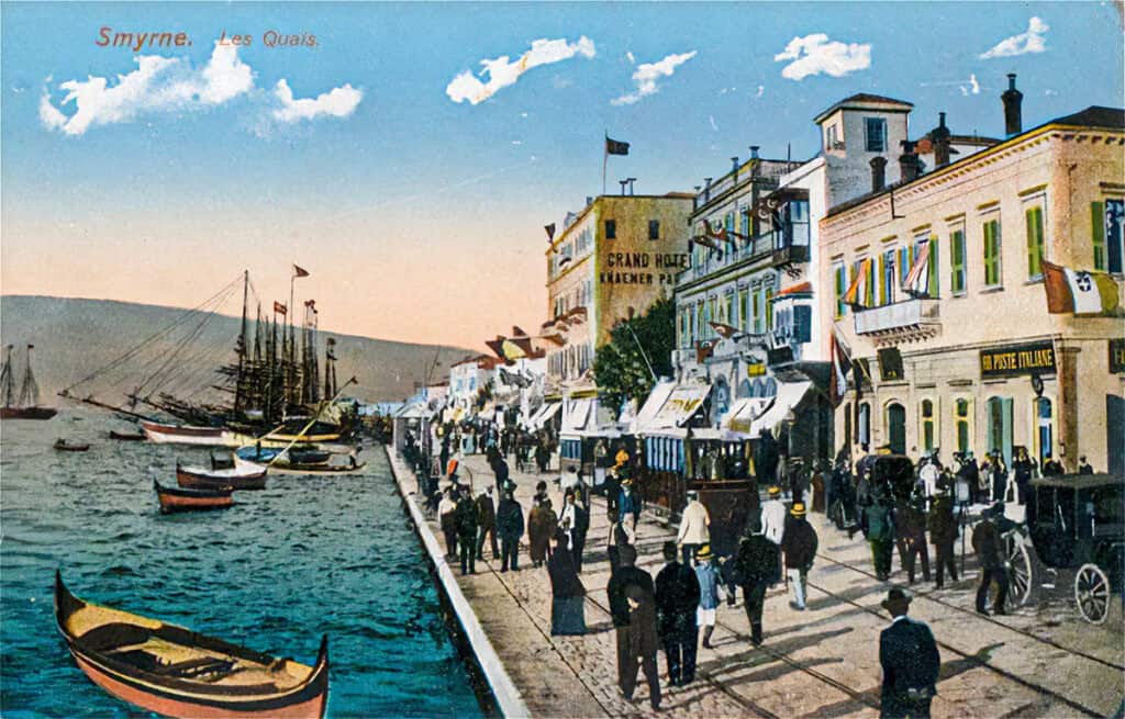 Color postcard showing the waterfront and quays of Smyrna around 1910