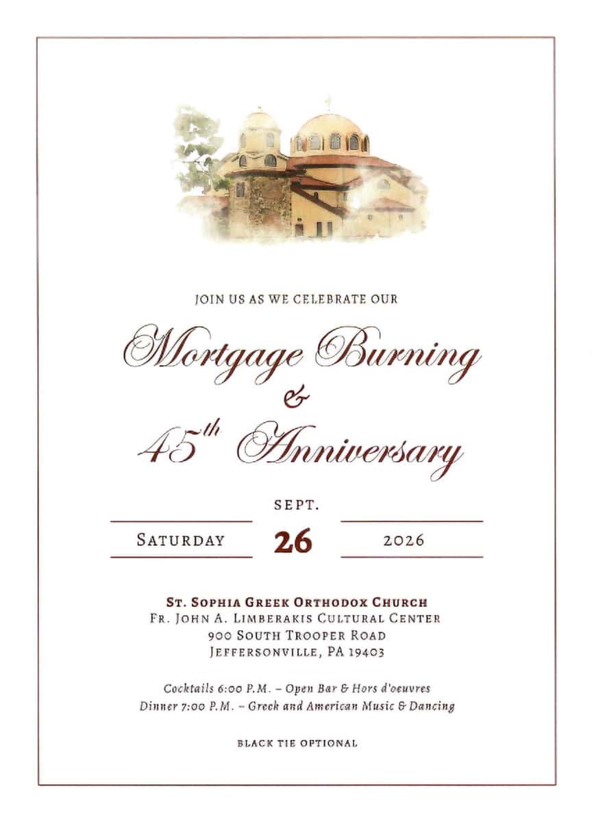 Flyer for St. Sophia Greek Orthodox Church’s Mortgage Burning and 45th Anniversary Gala on September 26, 2026