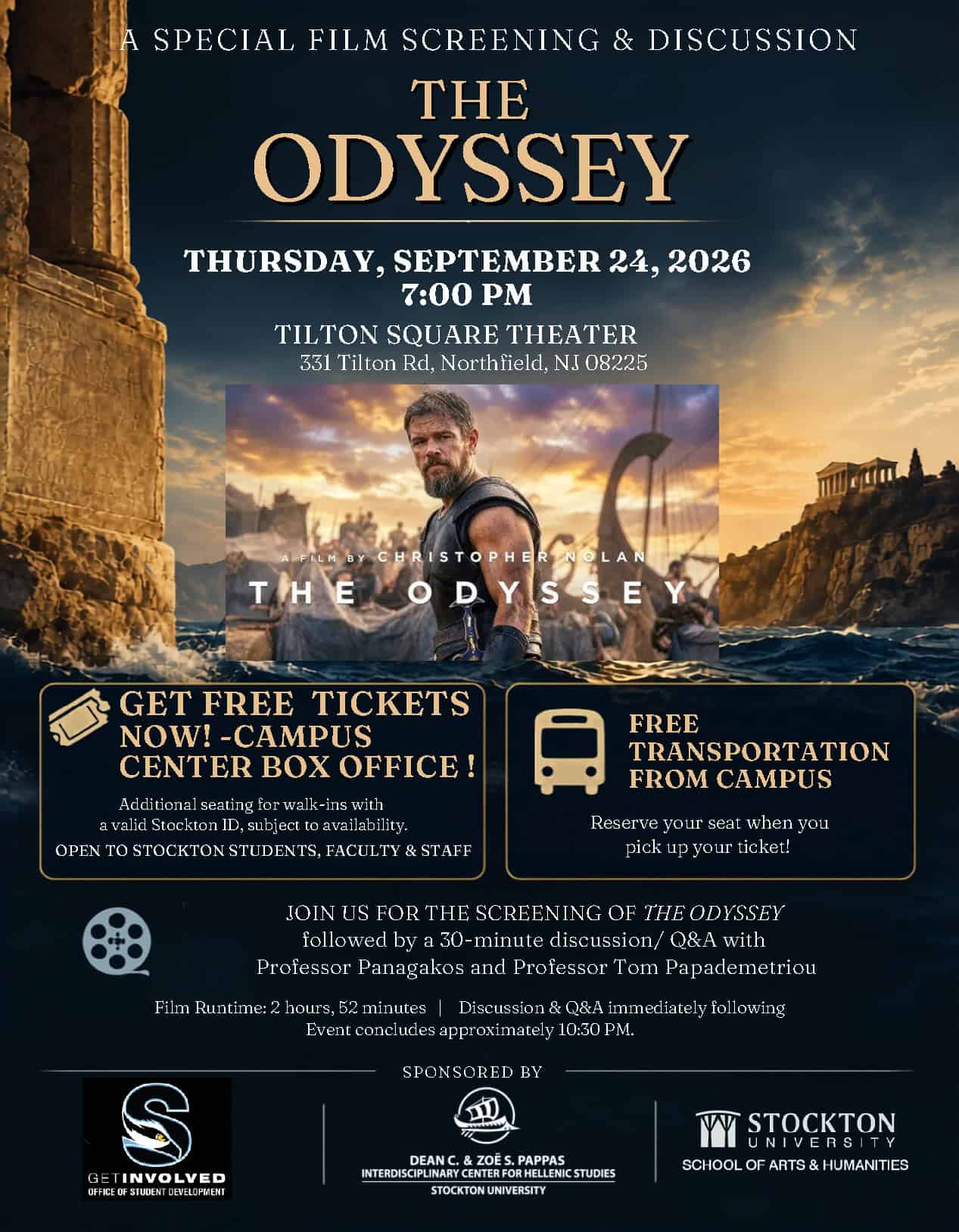 Flyer for Stockton University’s September 24 screening of The Odyssey at Tilton Square Theatre in Northfield, followed by a discussion and Q&A.