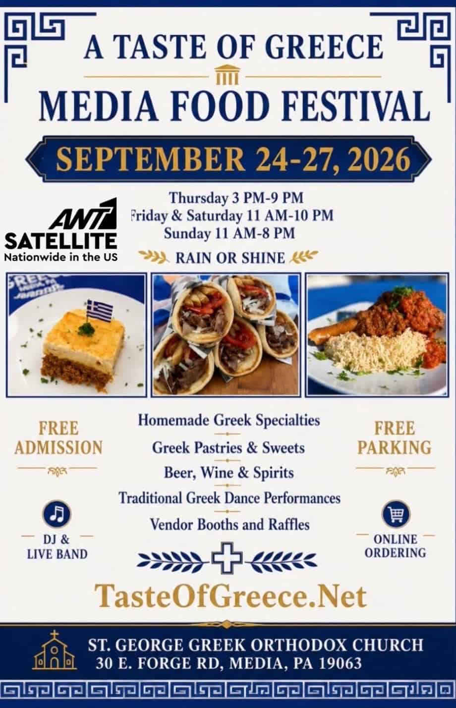 Taste of Greece Media Food Festival flyer for September 24-27, 2026, at St. George Greek Orthodox Church in Media, Pennsylvania.
