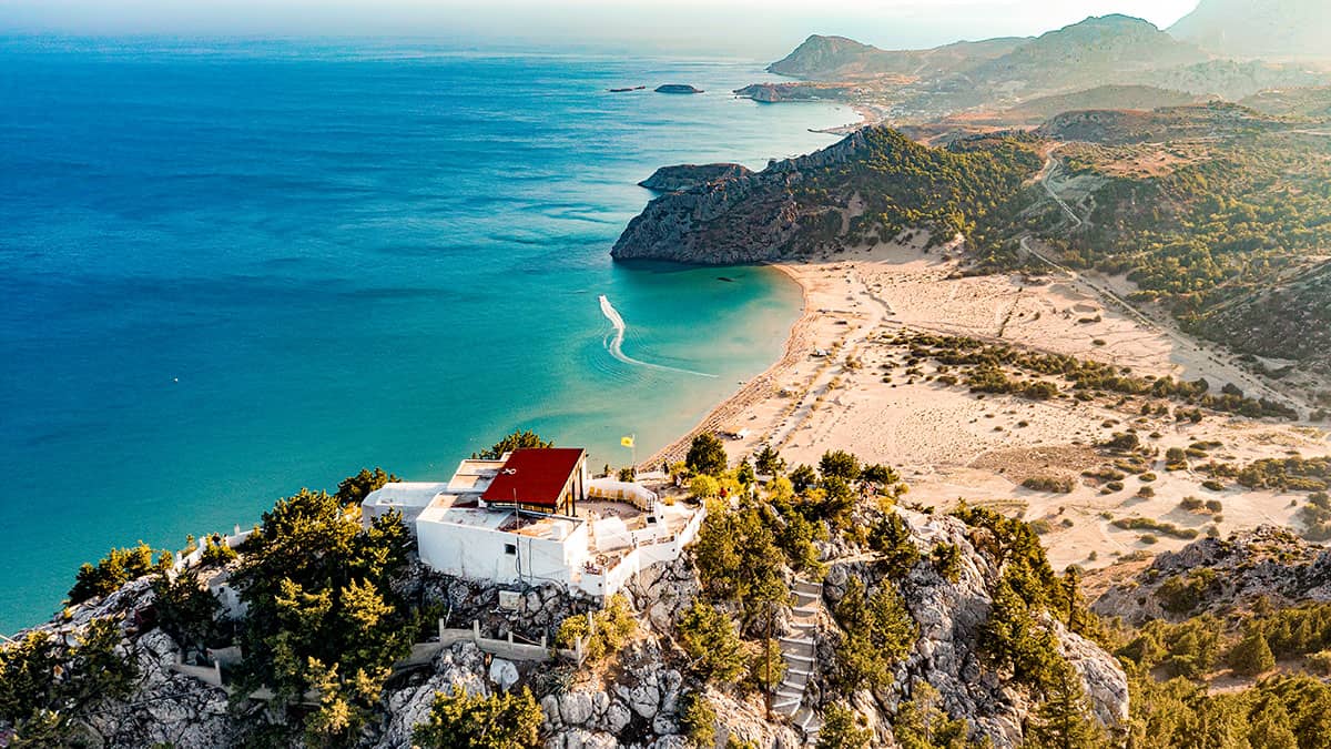 Aerial view of Tsambika Monastery and the coast of Rhodes, Greece