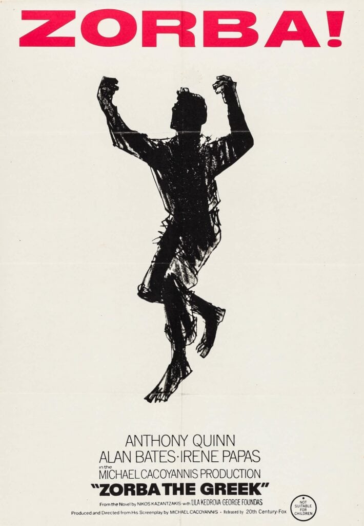 Vintage Zorba the Greek film poster featuring a black silhouette of a dancing man beneath the red title “Zorba!”